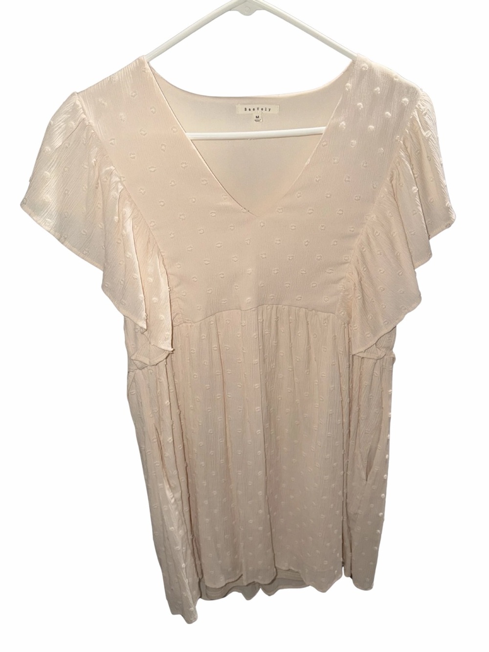 Swiss Dot V-neck Flutter Sleeve Midi Dress - Ivory